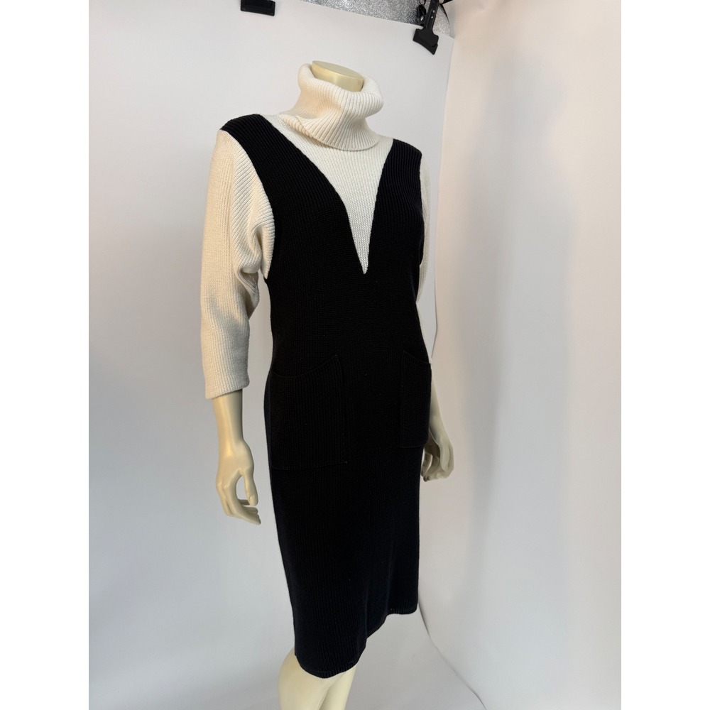 Vintage 80s Ami Mod Knit Sweater Dress Turtleneck Colorblock Black Cream Midi